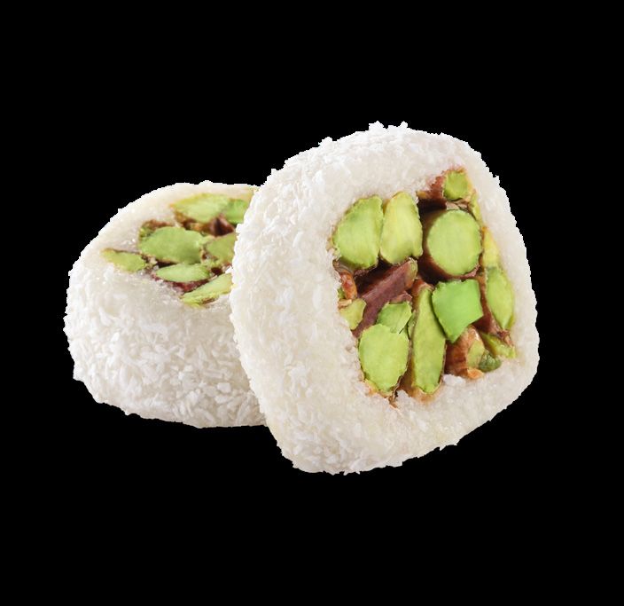 Filled coconut and pistachio confection